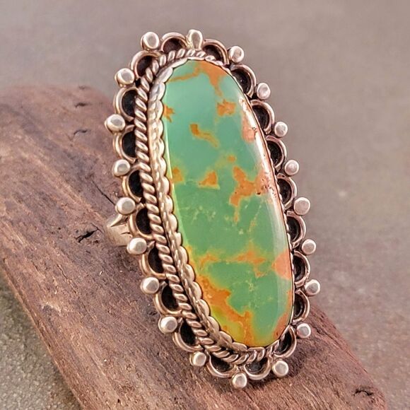 Vintage Navajo Beaded Large Oval Royston Turquoise Statement Ring - Picture 3 of 13